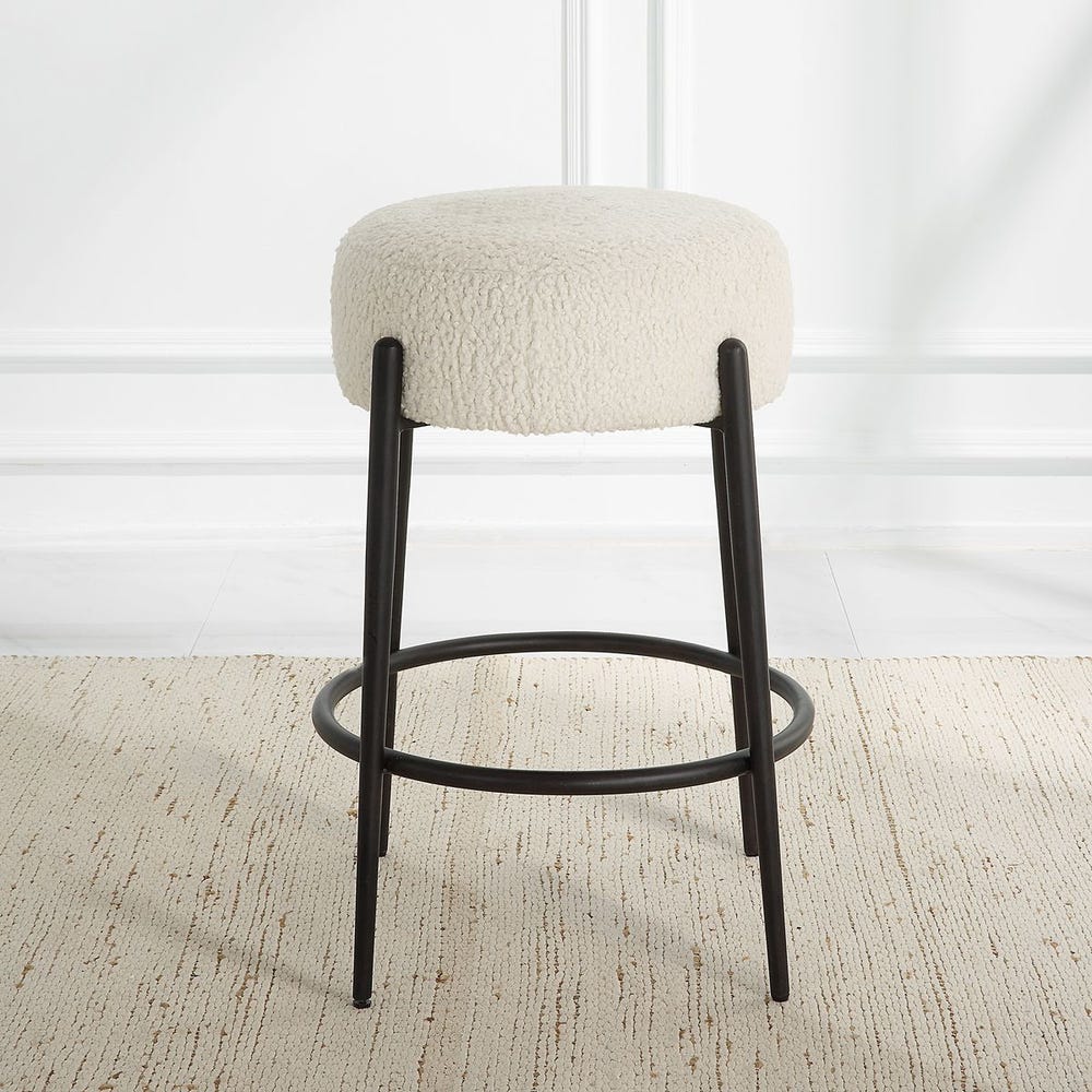 Riely White Faux Shearling & Black Counter Stool