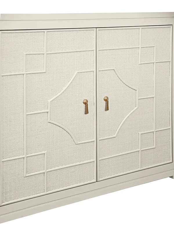Cove 58" Antique White Rattan Overlay Cabinet