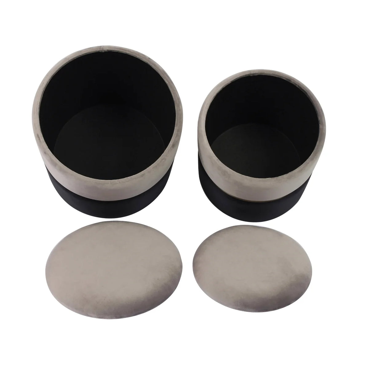 Lia Round Grey and Black Performance Velvet Storage Ottomans (Set of 2)