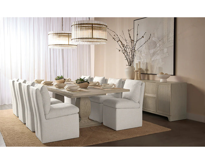 Rhaenyra Beige Oak Extension Dining Table & Glenrose Linen Wheeled Dining Chairs (Set of 8)