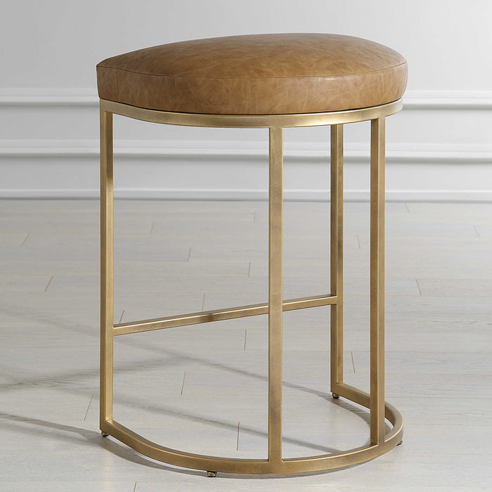 Crystal Cognac Faux Leather & Brass Counter Stool