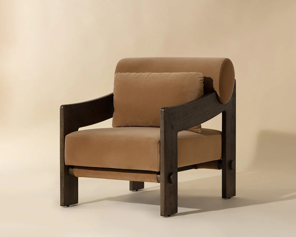 Reizo Camel Fabric & Distressed Brown Oak Accent Chair