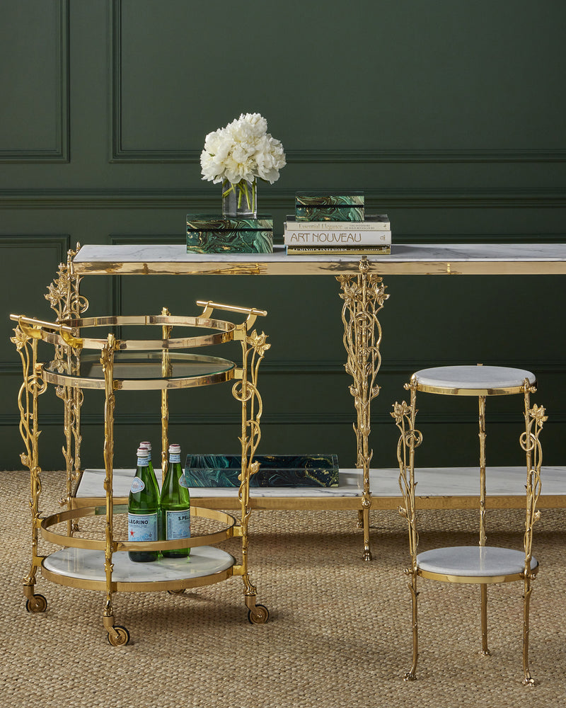 Fiore White Marble & Polished Brass Bar Cart