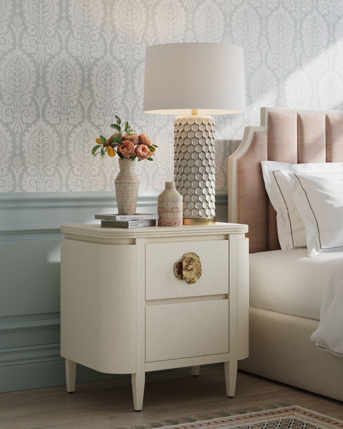Fleur 28" White & Gold 2 Drawer Nightstand