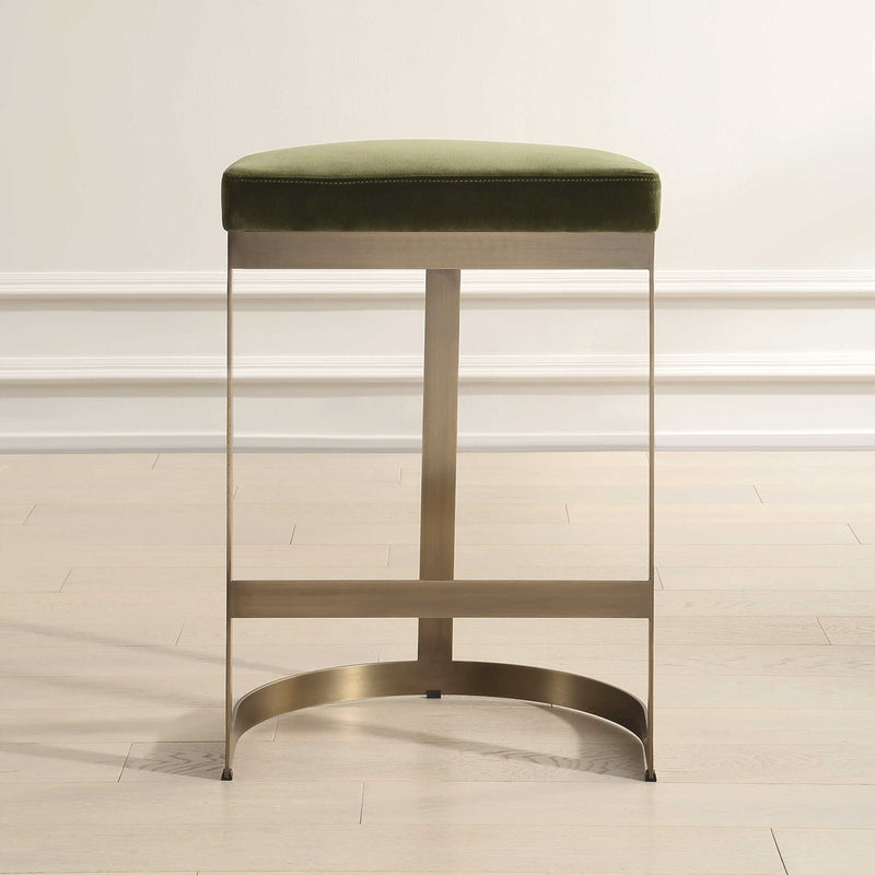 Crystal Moss Green Velvet & Gold Counter Stool