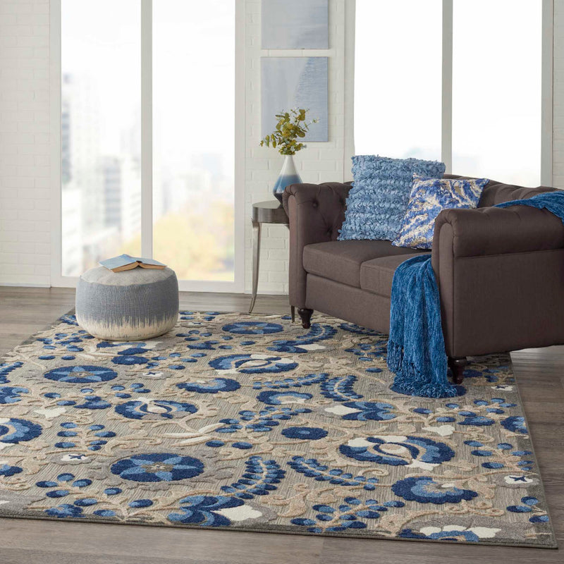 Annitra Indoor/Outdoor Natural Blue Swirling Vines Design Area Rug - Elegance Collection