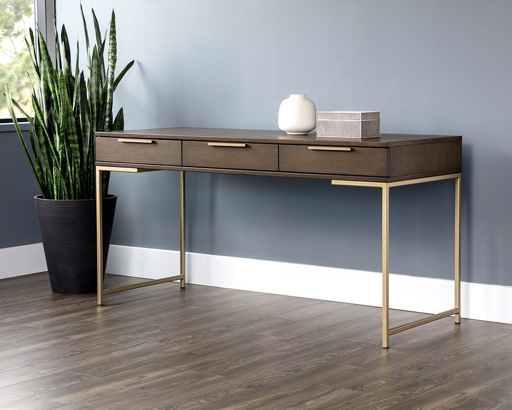 Rebel 59.25" Modern Brown Oak & Gold Desk