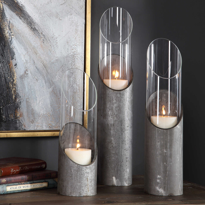 Colins Glass & Raw Iron Candleholders (Set of 3)