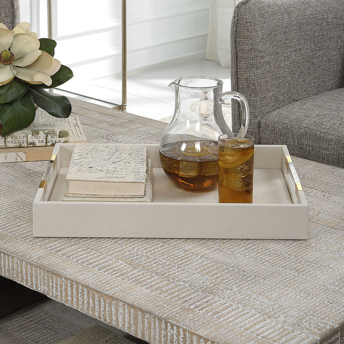 Lia 19" Modern White Faux Shagreen & Gold Tray