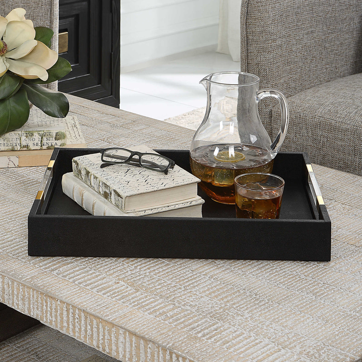 Lia Modern Black Faux Shagreen & Gold Tray