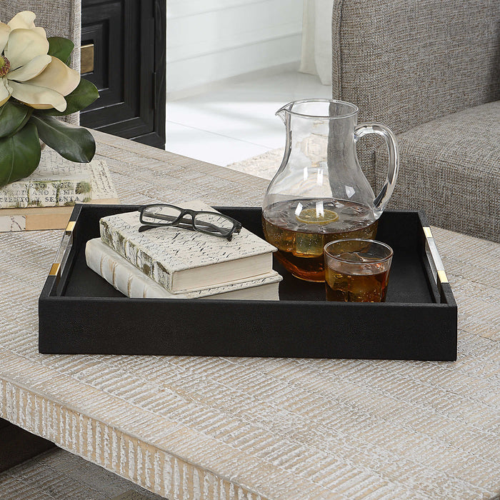 Lia 19" Modern Black Faux Shagreen & Gold Tray