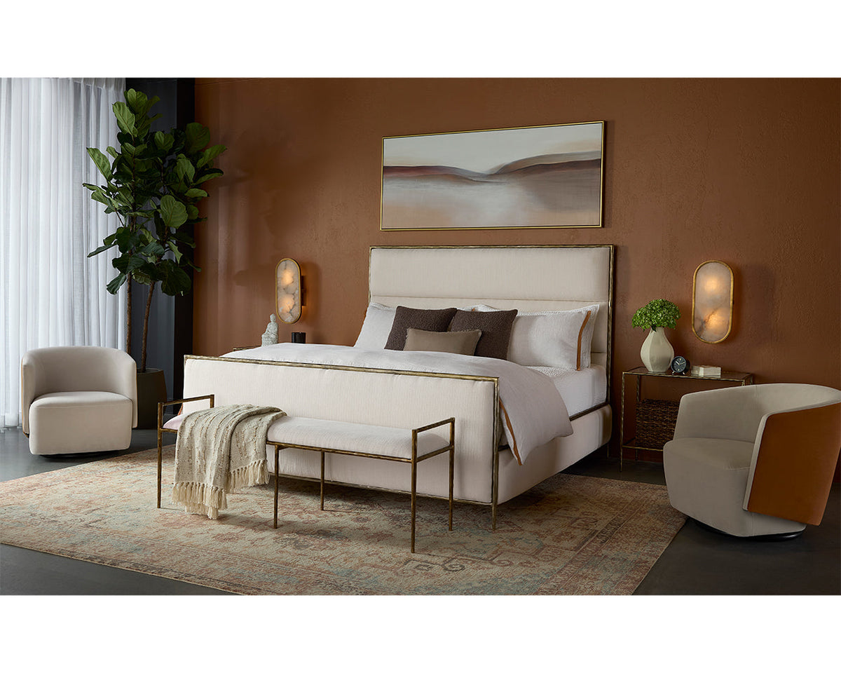 Yasmine Alabaster Performance Fabric & Antique Brass King Bed