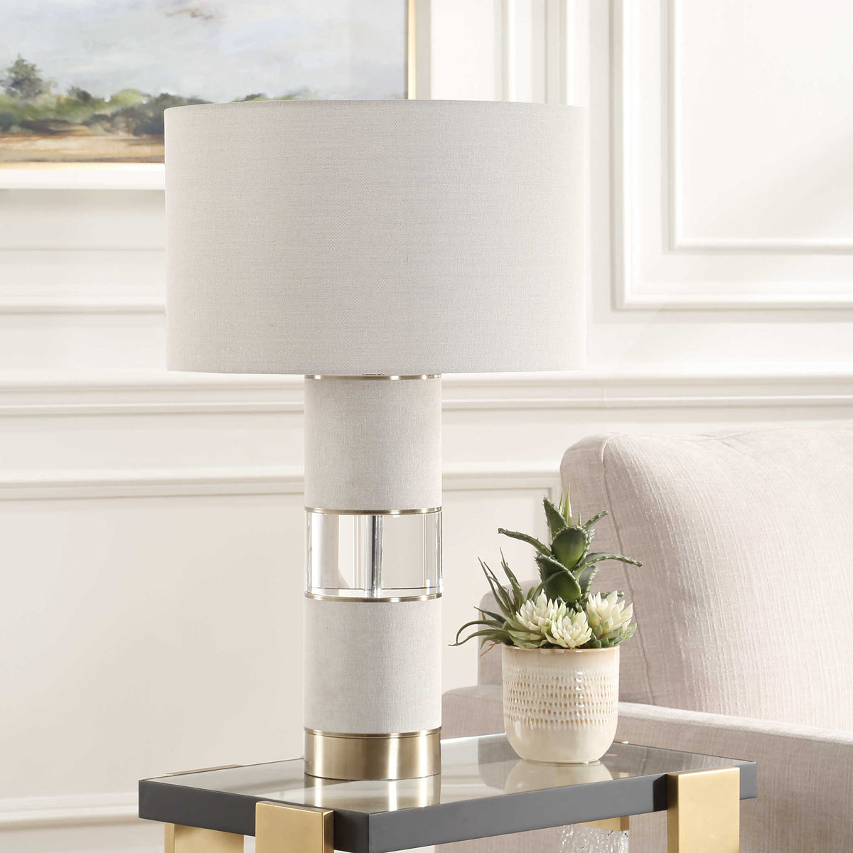 Sofi Beige Linen & Gold Crystal Table Lamp