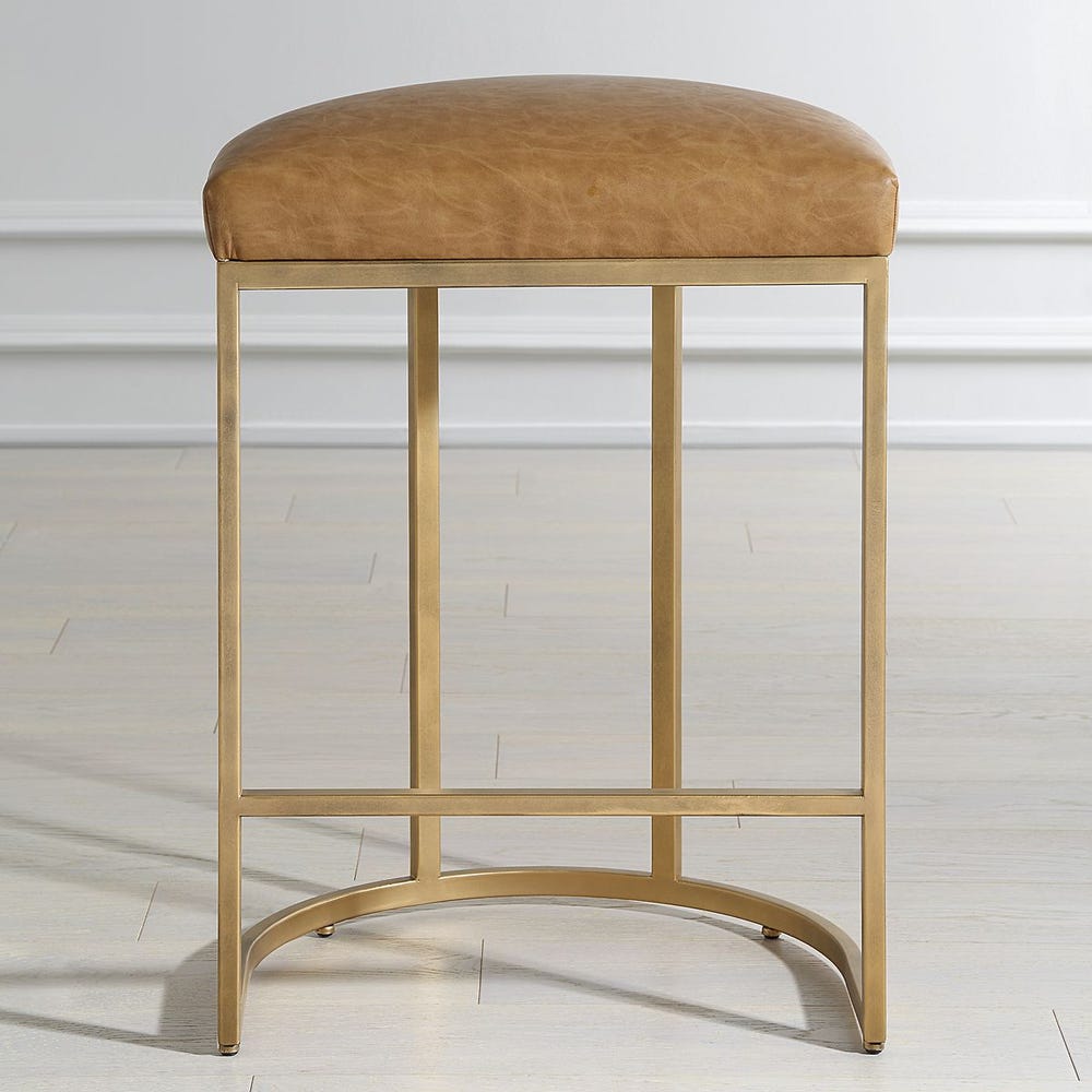 Crystal Cognac Faux Leather & Brass Counter Stool