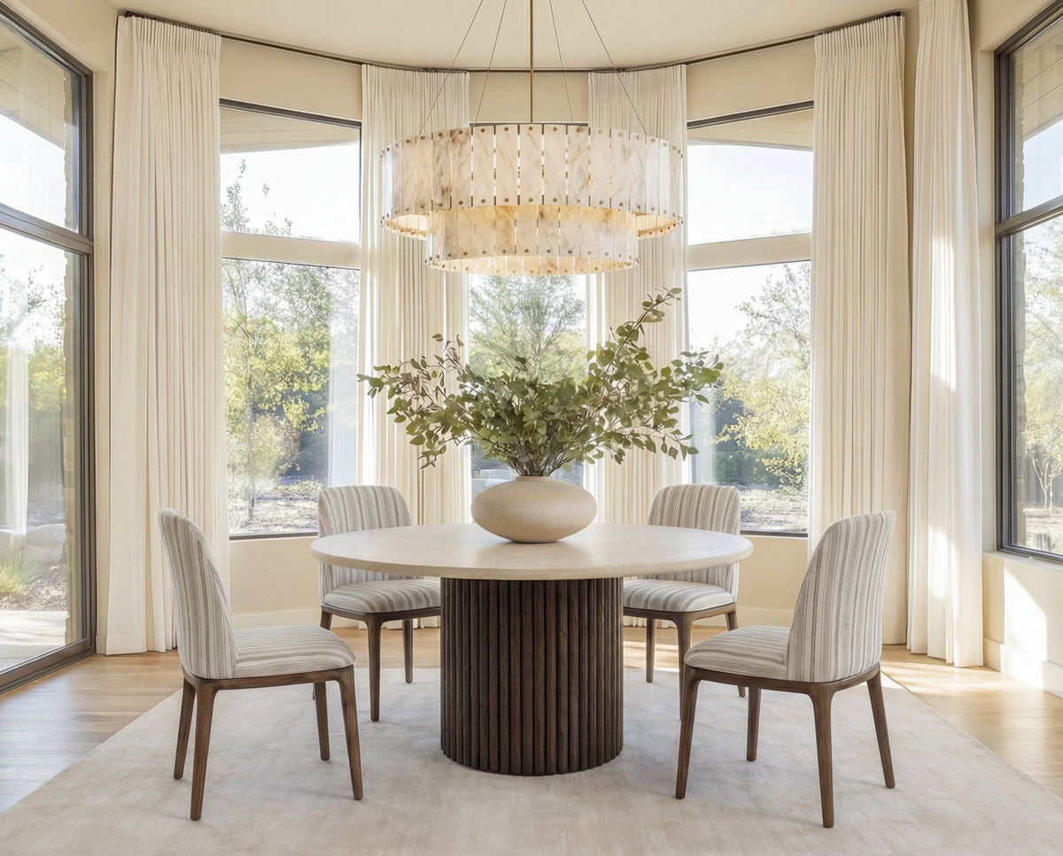 Banyan 59" Round Cream Marble & Fluted Oak Dining Table