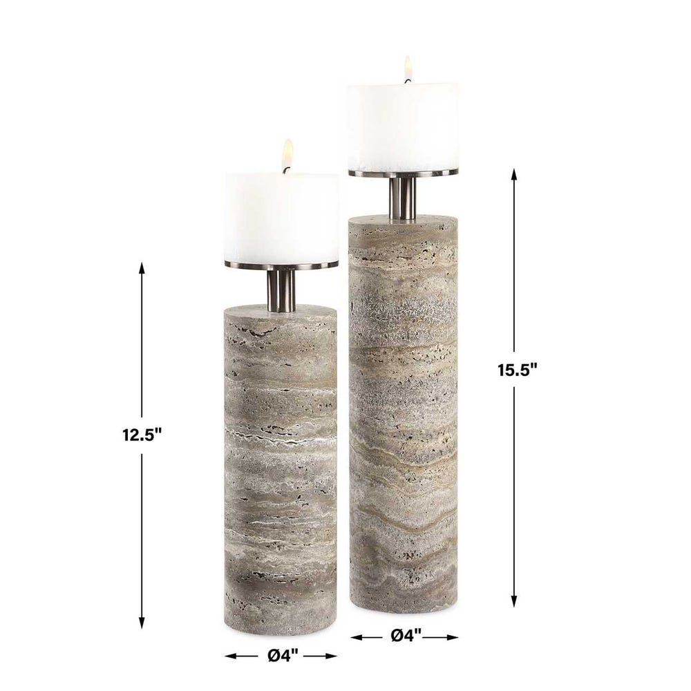 Moore Grey Natural Travertine Candleholders (Set of 2)