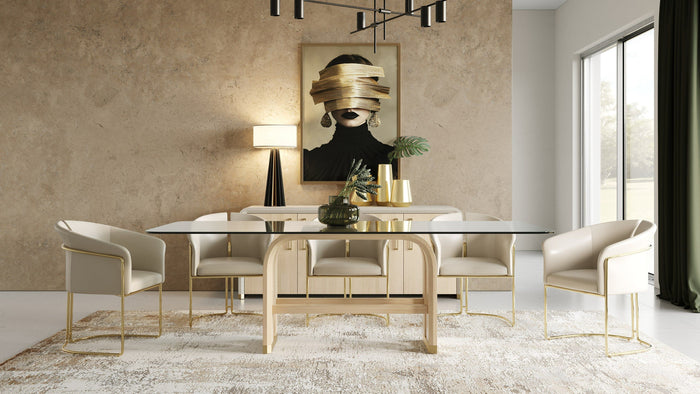 Violette 94.5" Modern Glass/Natural Oak & Gold Dining Table