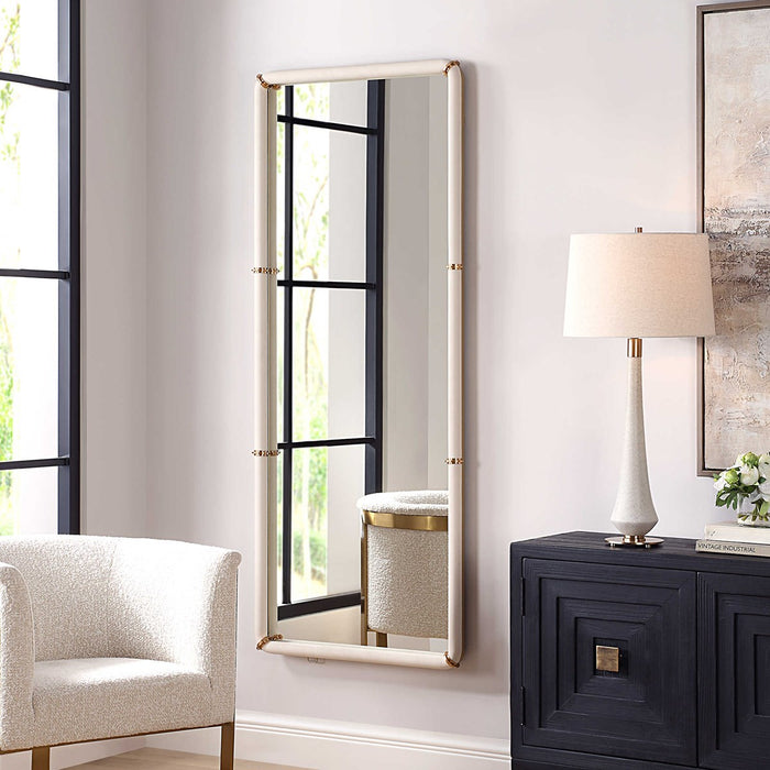 Talie 72" White Faux Leather & Gold Dressing Mirror