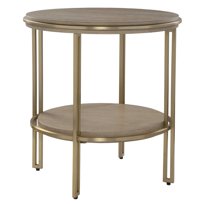 Lisa 22" Round Light Oak & Brushed Brass End Table