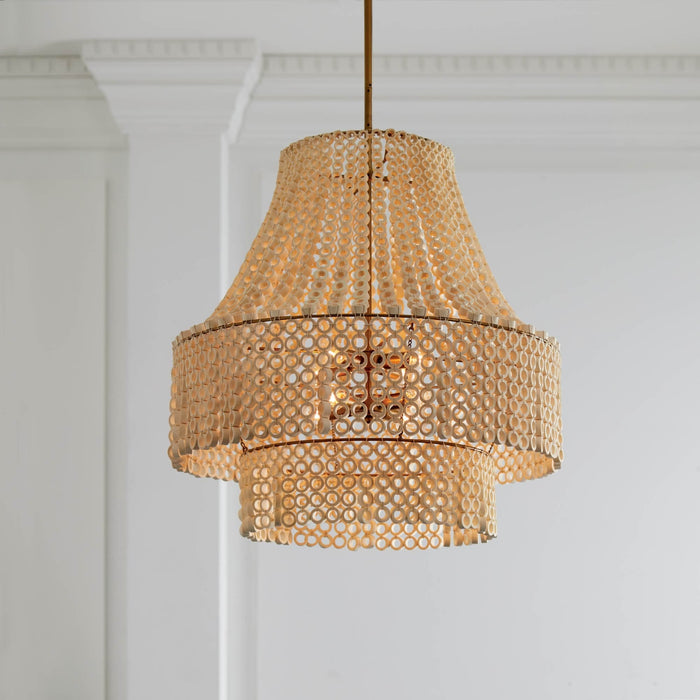 Colorado 29" White Beaded Wood & Antique Brass Chandelier