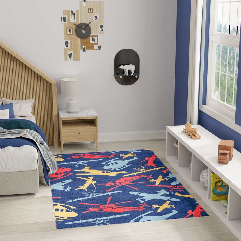 Helicopters & Planes Navy Multicolour Area Rug