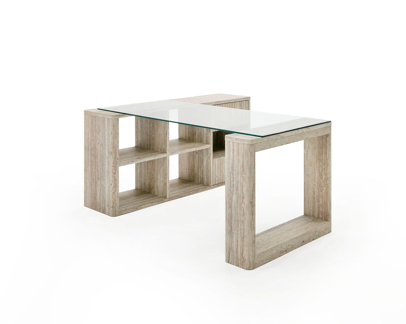 Roma Modern Glass & Faux Travertine Reversible Desk