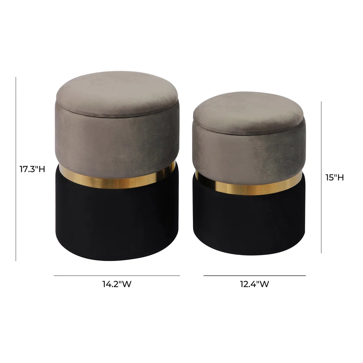 Lia Round Grey and Black Performance Velvet Storage Ottomans (Set of 2)