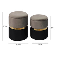 Lia Round Grey and Black Performance Velvet Storage Ottomans (Set of 2)