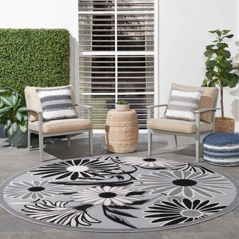 Annitra Indoor/Outdoor Black & White Flowers Area Rug - Elegance Collection