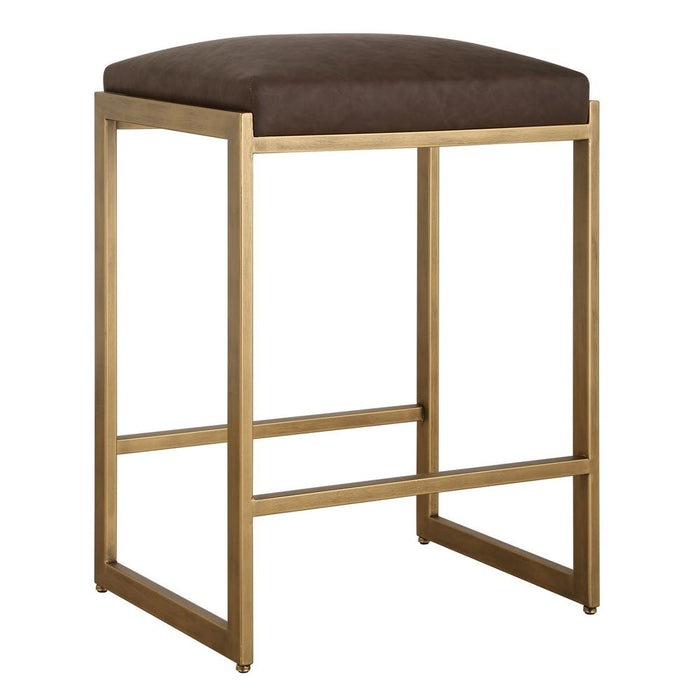 Lilla Brown Faux Leather & Brass Counter Stool