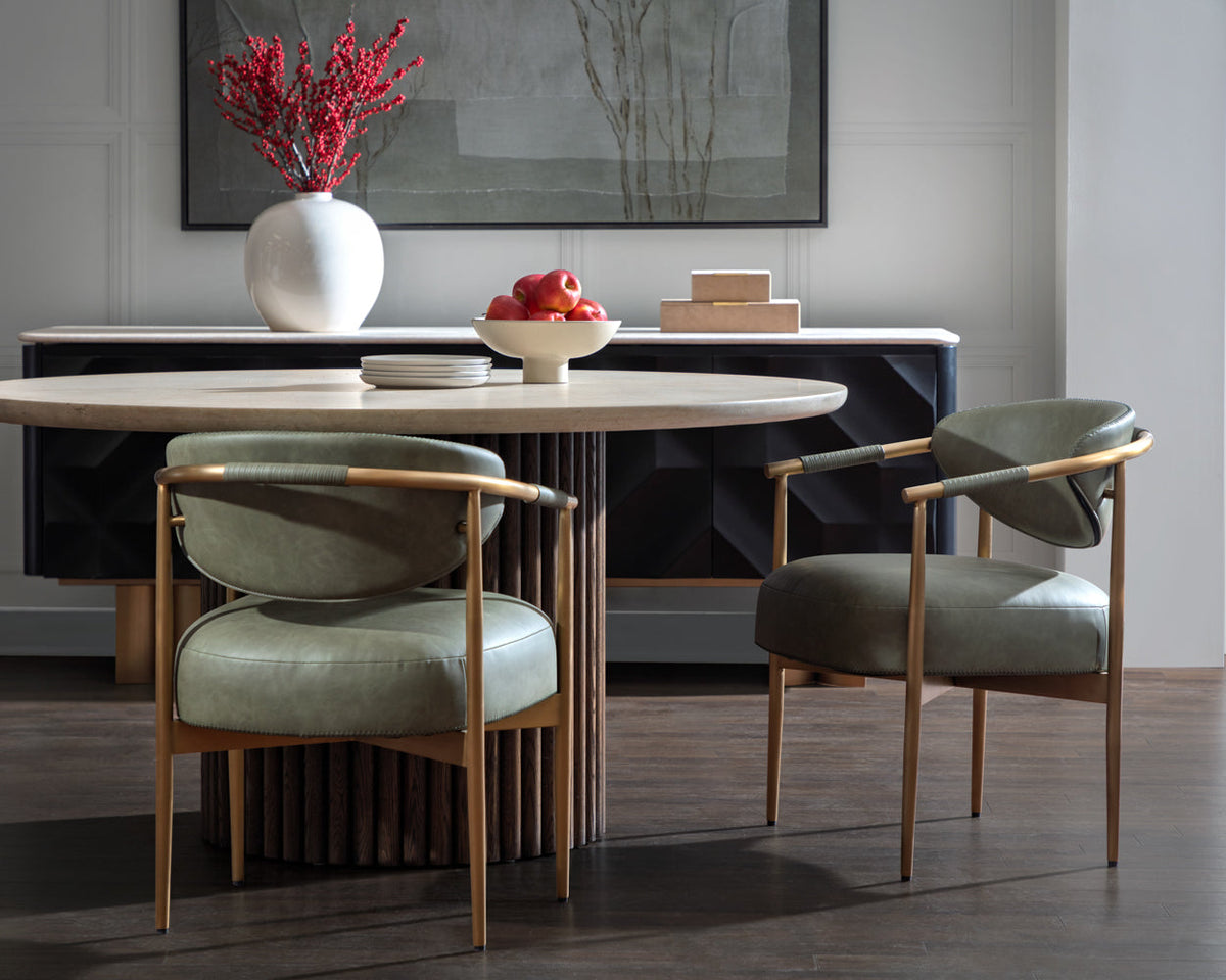 Banyan 59" Round Cream Marble & Fluted Oak Dining Table