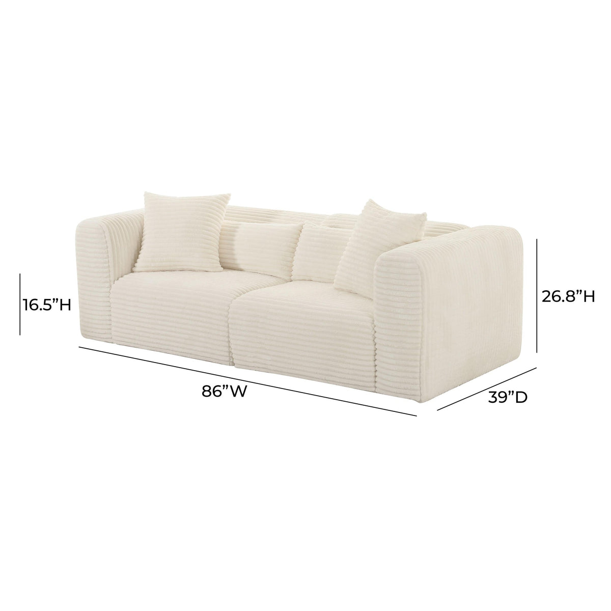 Telav 86” Fluffy Oversized Cream Performance Corduroy Modular Loveseat