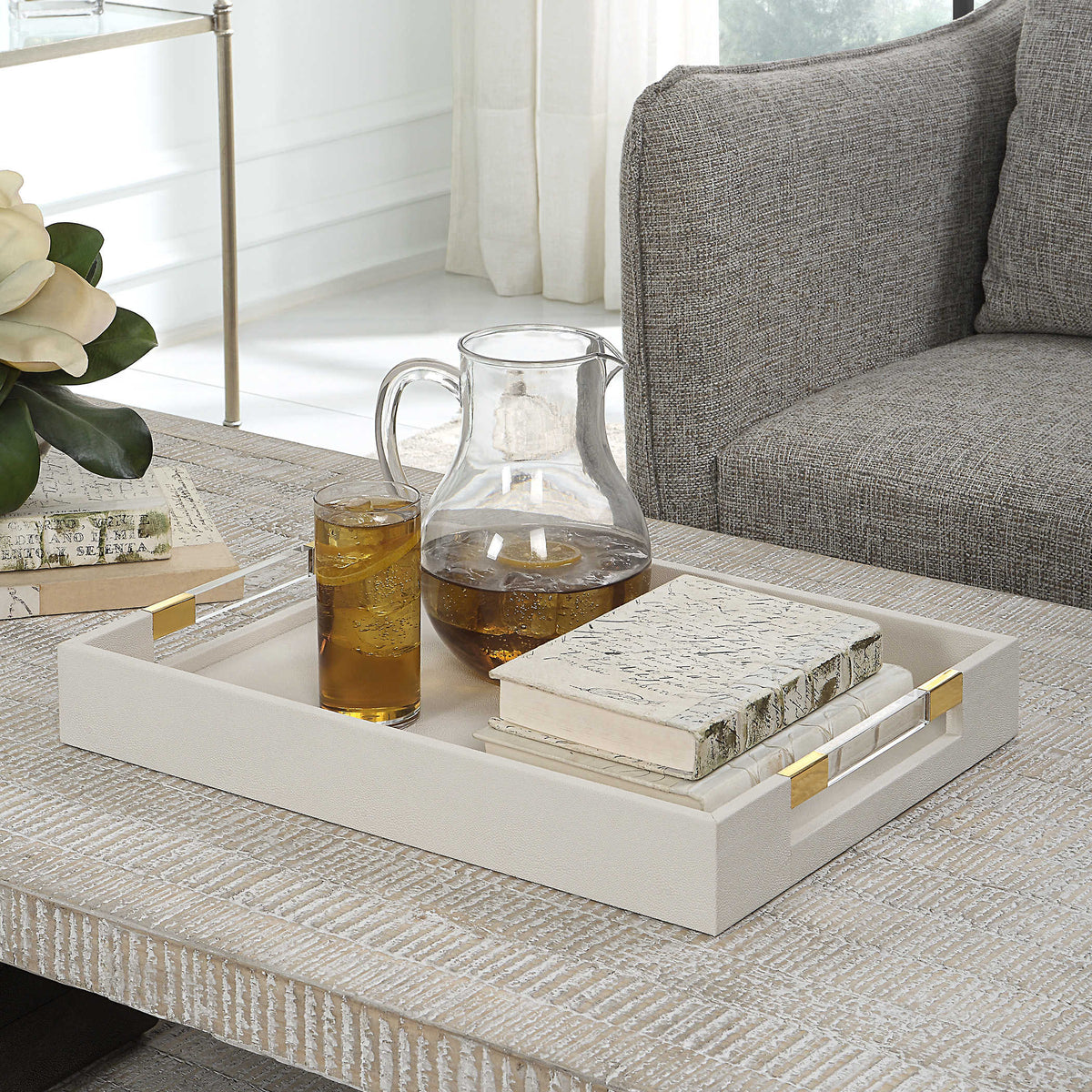 Lia Modern White Faux Shagreen & Gold Tray