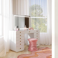 Hollywood 56" White Desk with LED Panel Vanity Mirror (2 Sizes Available)