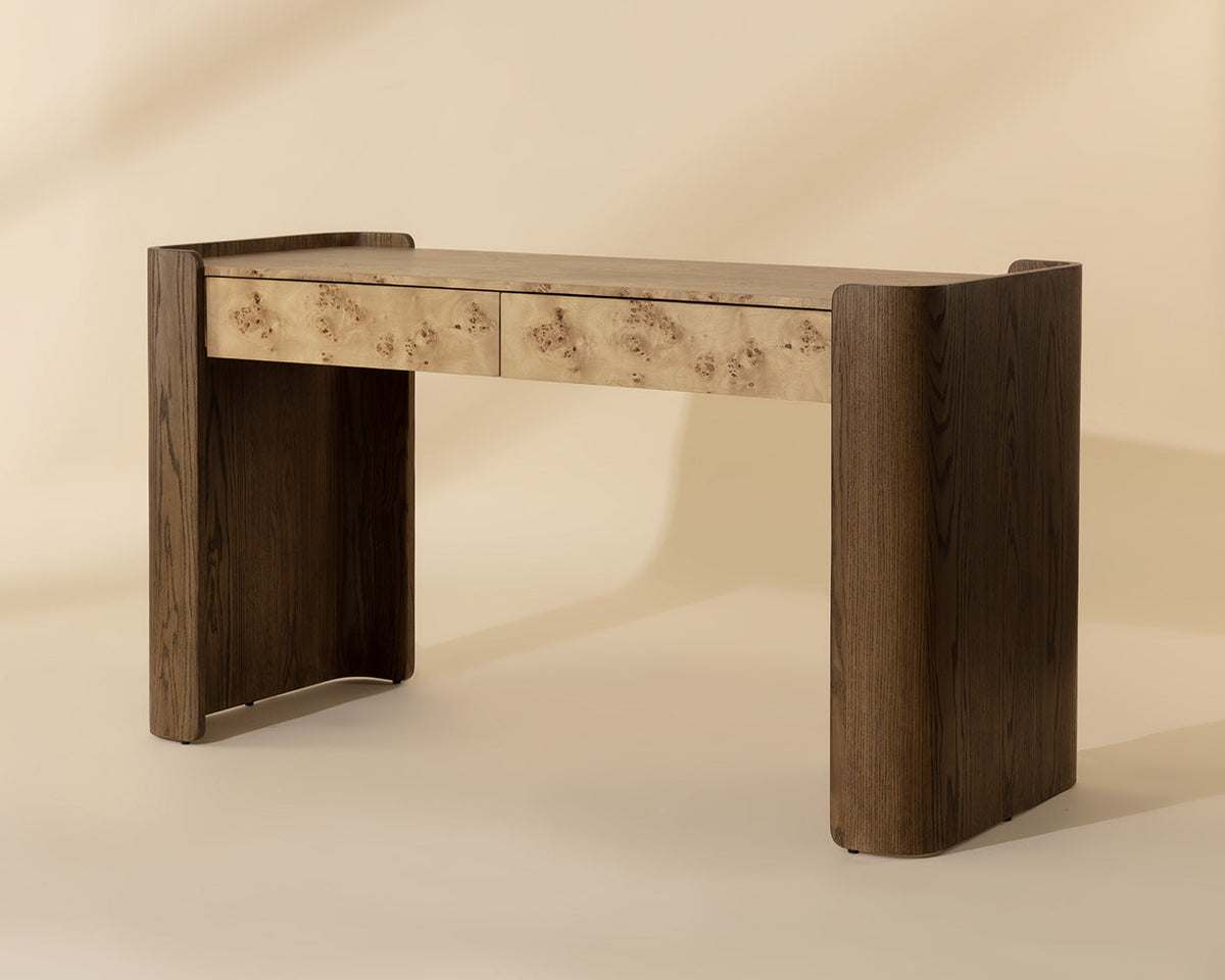Beryl 60" Burl Veneer & Brown Oak Desk Console Table