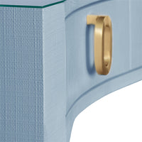 Amellia Light Blue Linen Glass Top Desk with Gold Accents