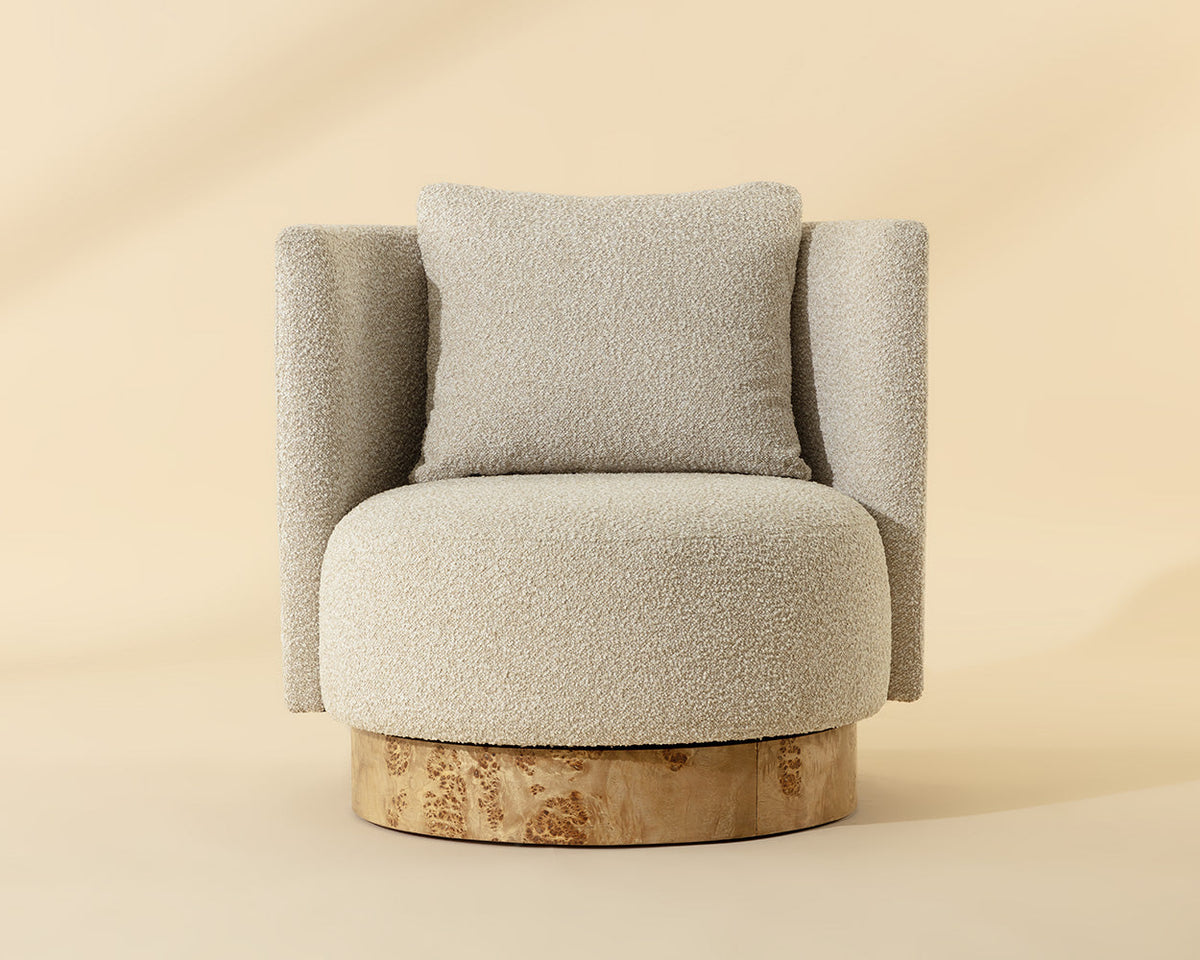 Fortis Oatmeal Swivel Accent Chair with Maple Burl Base