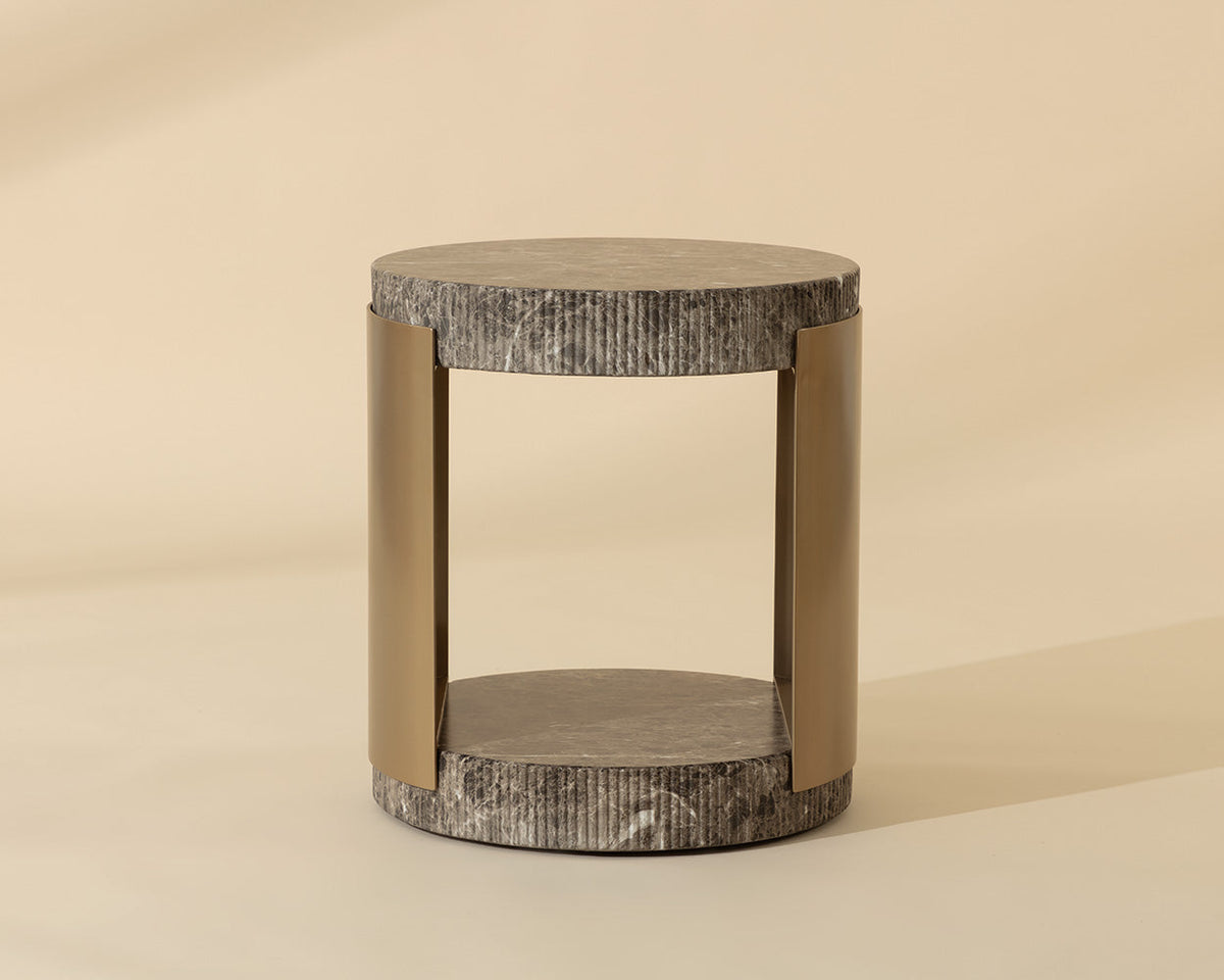Cavette Dark Emperador Faux Marble & Brass End Table- Indoor/Outdoor