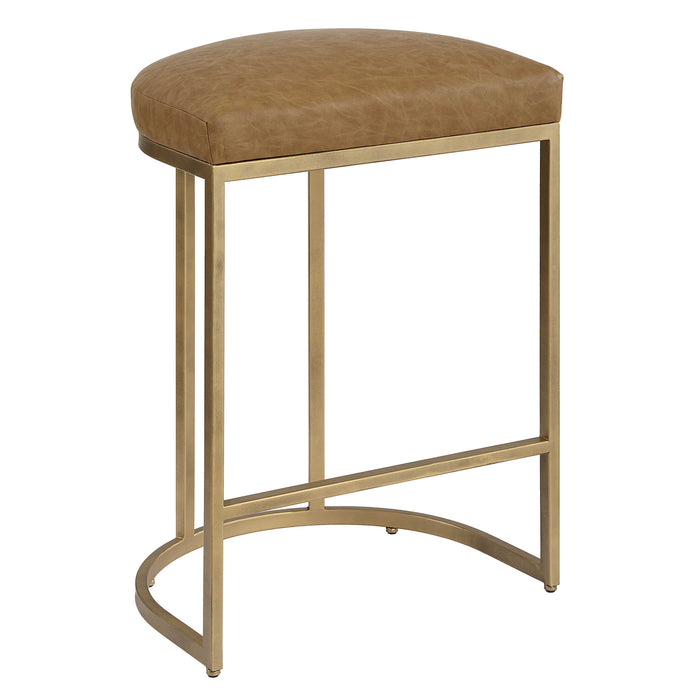 Crystal Cognac Faux Leather & Brass Counter Stool