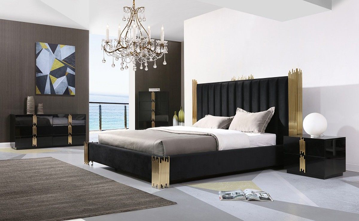Aurelius Modern Black Velvet & Gold King Bed