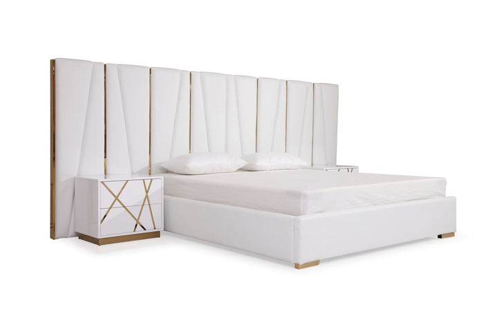 Ivo Modern White Faux Leather & Gold Bed With Nightstands