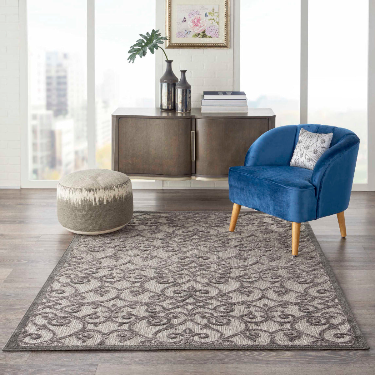 Annitra Indoor/Outdoor Grey Charcoal Vines Design Area Rug - Elegance Collection