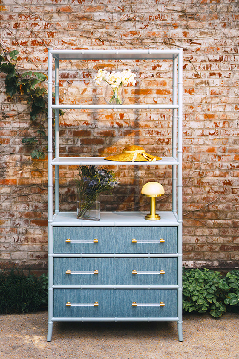 Fiona Light Blue Grasscloth & Gold Etagere
