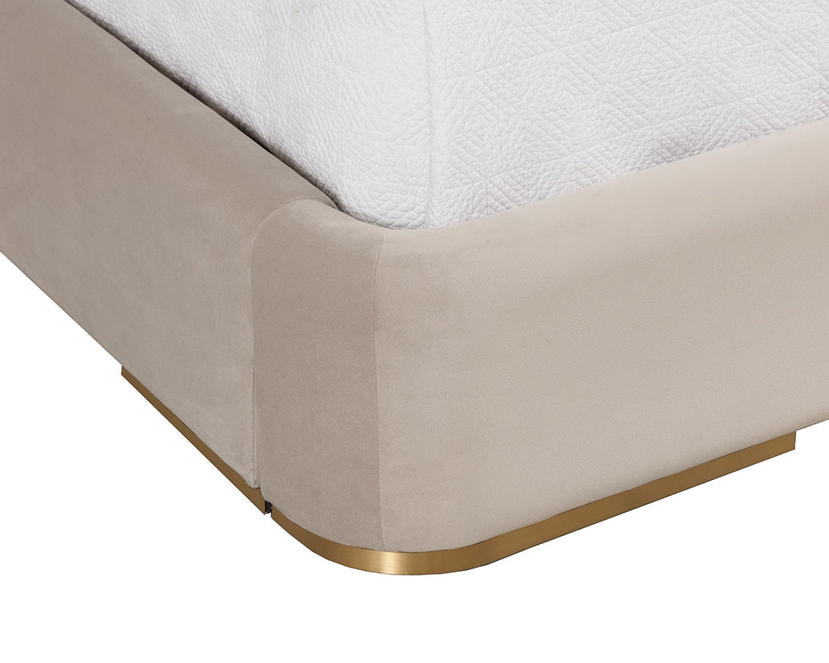 Clarimond Taupe & Light Moon Fabric King Bed with Brushed Gold