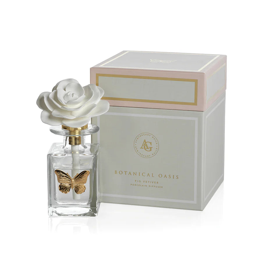 Apothecary Black Fig Vetiver Fragrance Botanical Oasis Porcelain Diffuser with Gold Butterfly (Set of 4)