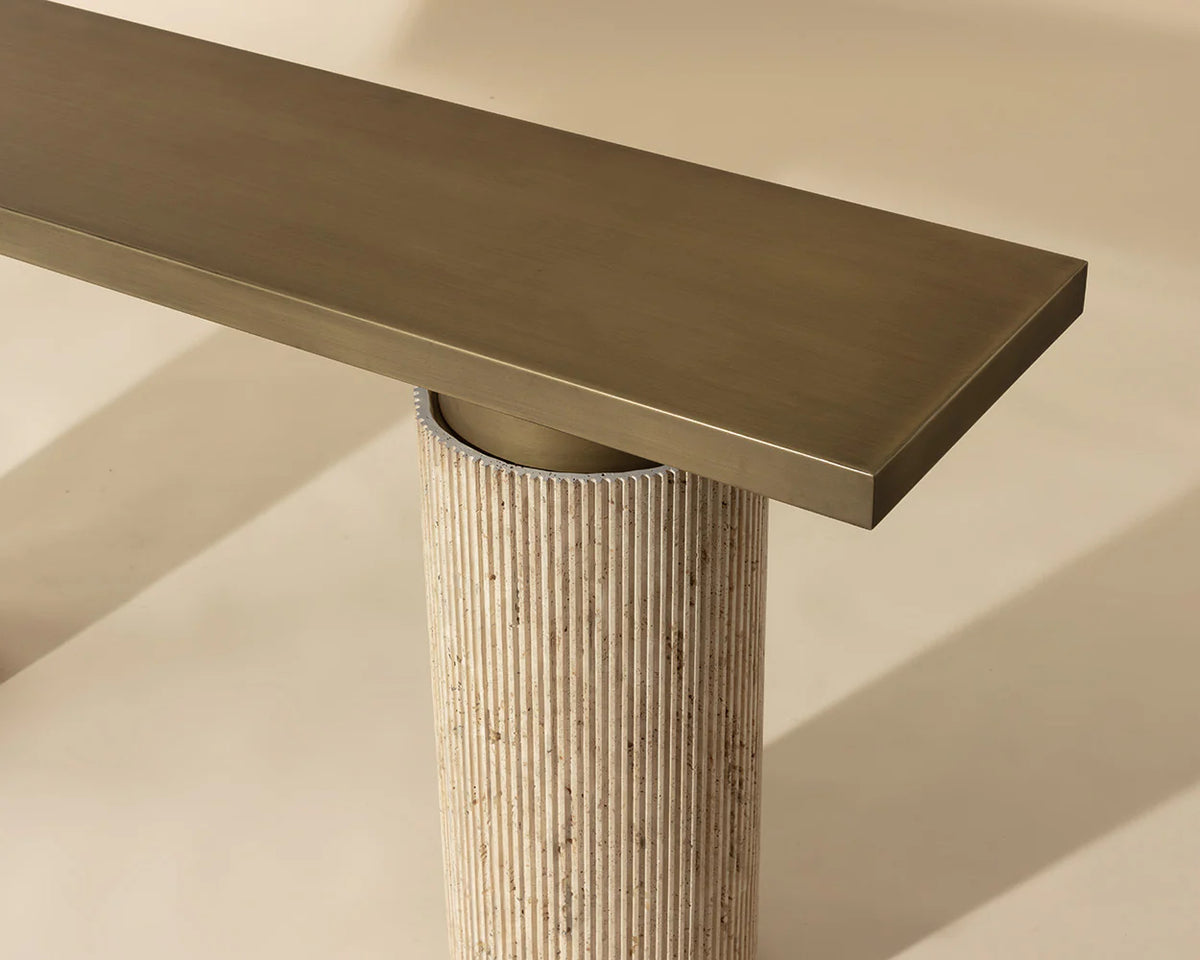 Ashva Natural Travertine & Brass Console Table