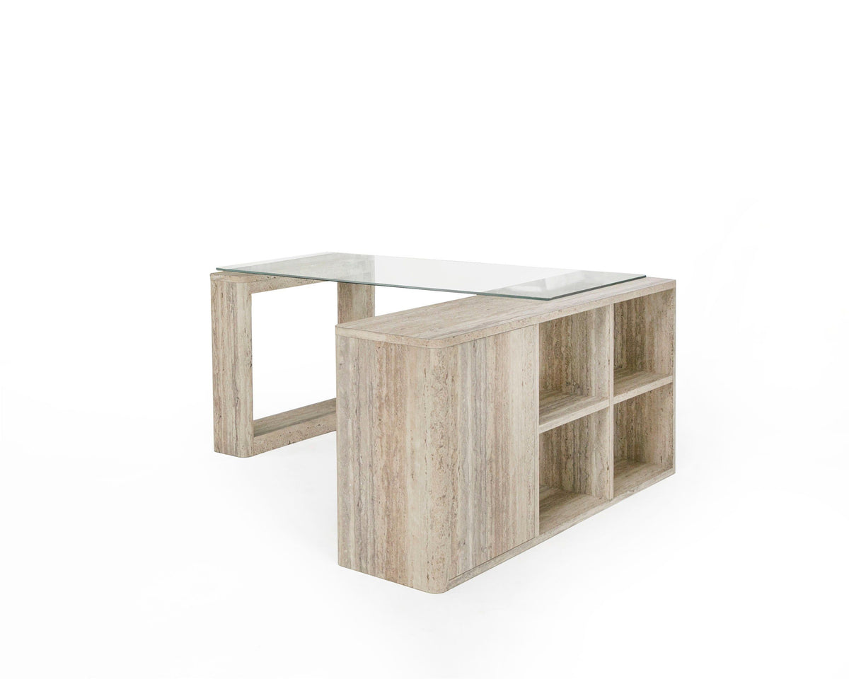 Roma Modern Glass & Faux Travertine Reversible Desk