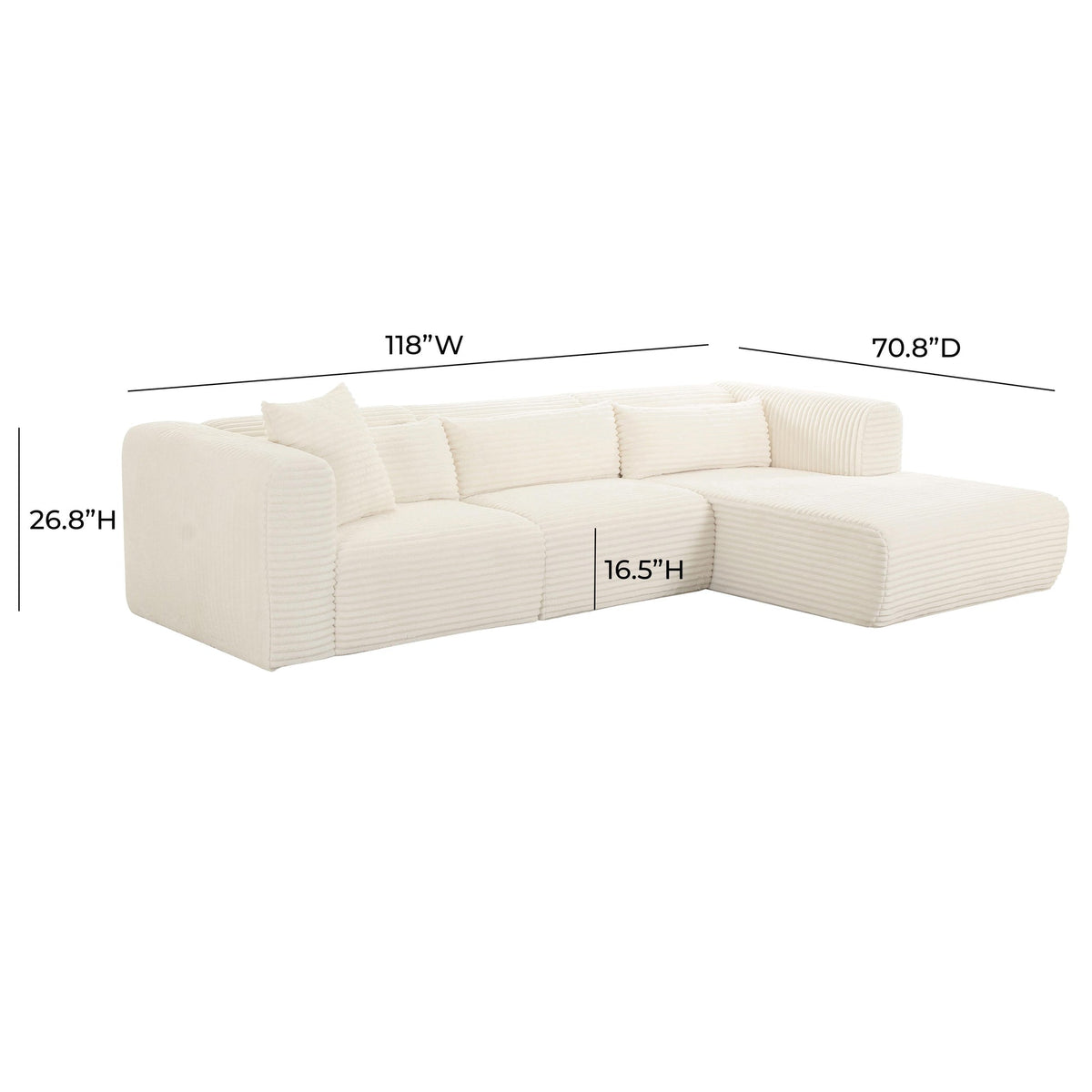 Telav 118" Fluffy Oversized Cream Performance Corduroy Modular RAF Sectional