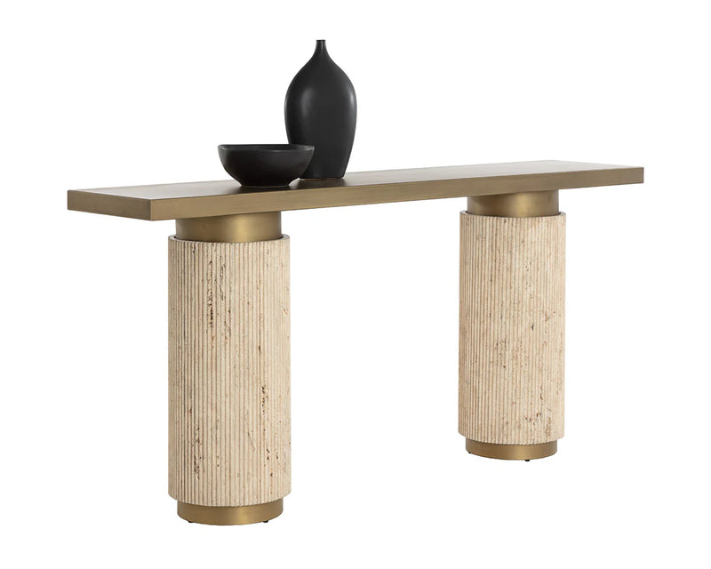 Ashva Natural Travertine & Brass Console Table