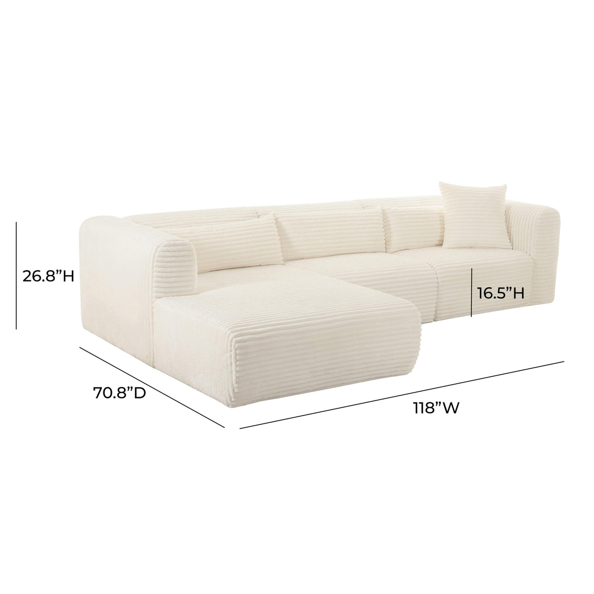 Telav 118" Fluffy Oversized Cream Performance Corduroy Modular LAF Sectional